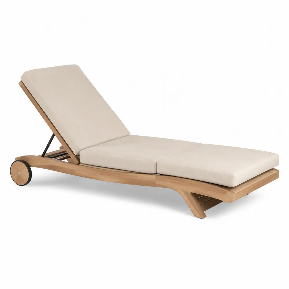 Bain de soleil de jardin réglable avec roues en bois d acacia massif et coussins polyester beige 200 cm x 70 cm x 86 cm