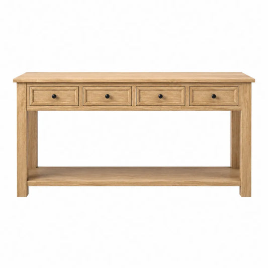 Table console 4 tiroirs bois naturel avec étagère inférieure 140 cm x 35 cm x 80 cm