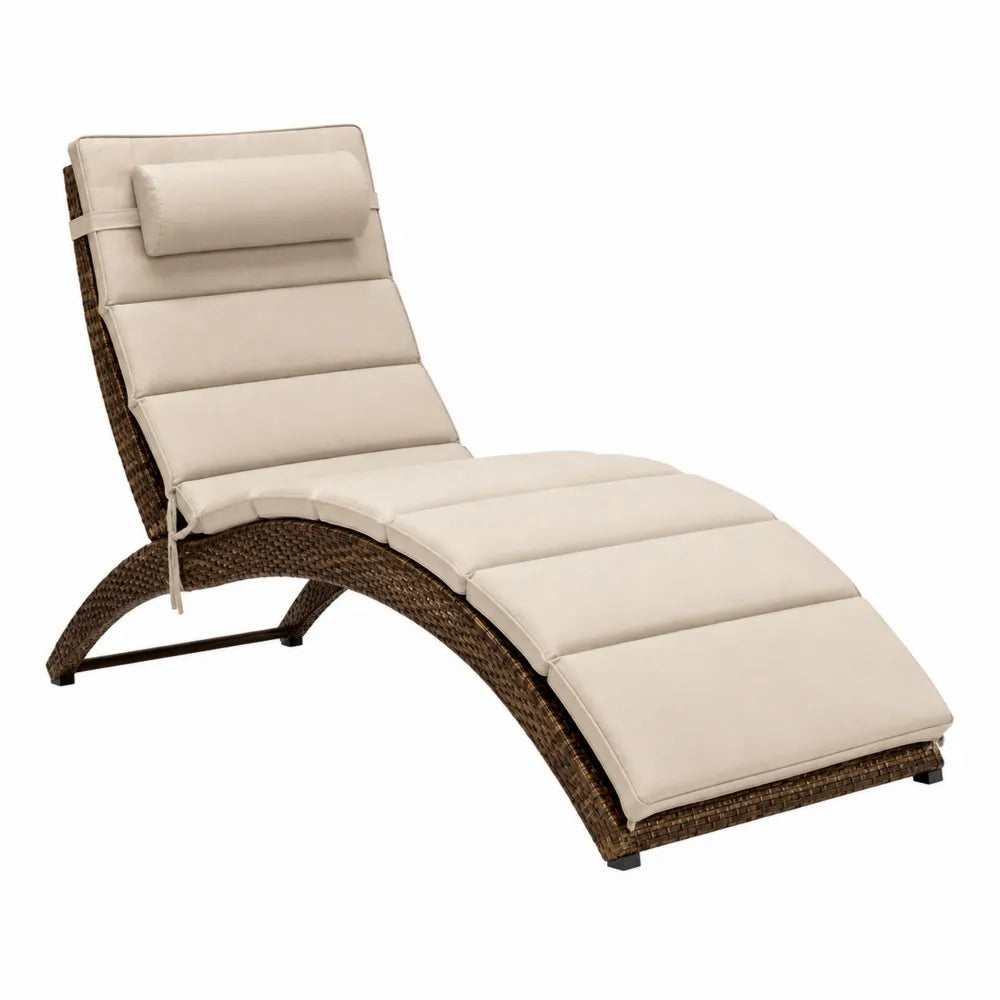 Chaise longue de jardin 200 x 65 x 88 cm en résine tressée PE brun acier avec coussin polyester beige forme courbée