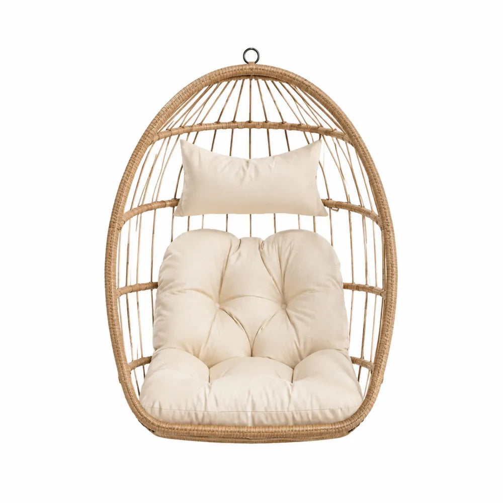 Fauteuil suspendu de jardin type œuf en résine tressée avec coussins crème sans support 85 cm x 70 cm x 120 cm