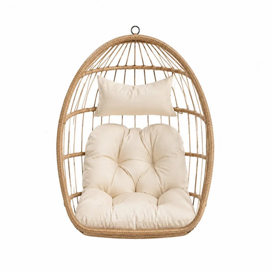 Fauteuil suspendu de jardin type œuf en résine tressée avec coussins crème sans support 85 cm x 70 cm x 120 cm