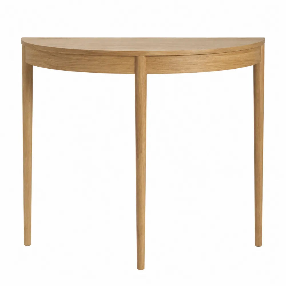 Table console demi-lune 100 x 35 x 80 cm MDF placage chêne bois naturel 3 pieds en hévéa massif