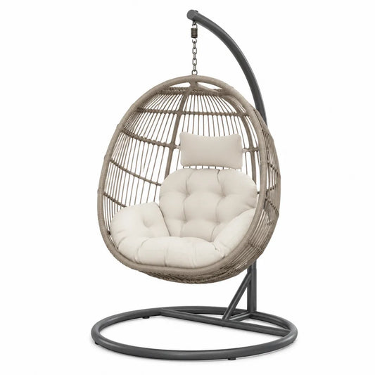 Fauteuil suspendu de jardin 105 x 95 x 195 cm résine tressée PE taupe acier gris avec support base circulaire coussins crème
