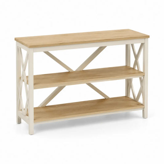 Table console 120 x 35 x 80 cm 3 niveaux MDF mélaminé chêne clair structure bois blanc cassé étagères ouvertes croisillons en X