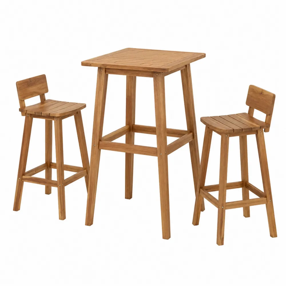Ensemble de bar de jardin 3 pièces en bois d’acacia naturel table carrée 75 x 75 x 105 cm avec 2 tabourets hauts