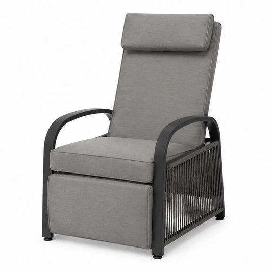 Fauteuil relax de jardin inclinable avec repose-jambes aluminium thermolaqué noir et textilène gris