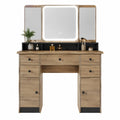 Coiffeuse LED avec miroir 140 x 40 x 150 cm en panneau de particules décor chêne naturel avec rangements et tiroirs noirs