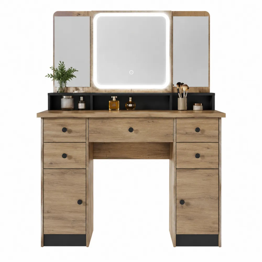 Coiffeuse LED avec miroir 140 x 40 x 150 cm en panneau de particules décor chêne naturel avec rangements et tiroirs noirs