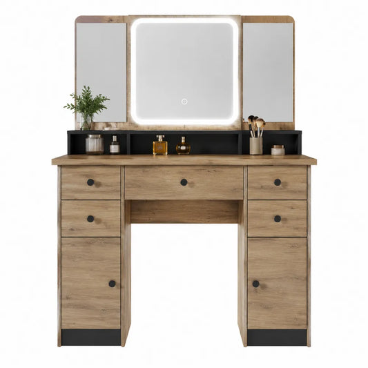 Coiffeuse LED avec miroir 140 x 40 x 150 cm en panneau de particules décor chêne naturel avec rangements et tiroirs noirs