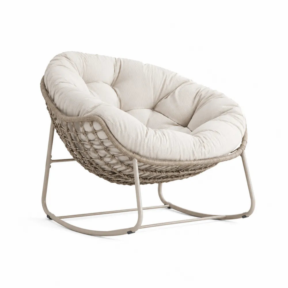 Fauteuil papasan de jardin 105 x 92 x 82 cm en résine tressée PE beige avec coussin crème structure métal fixe