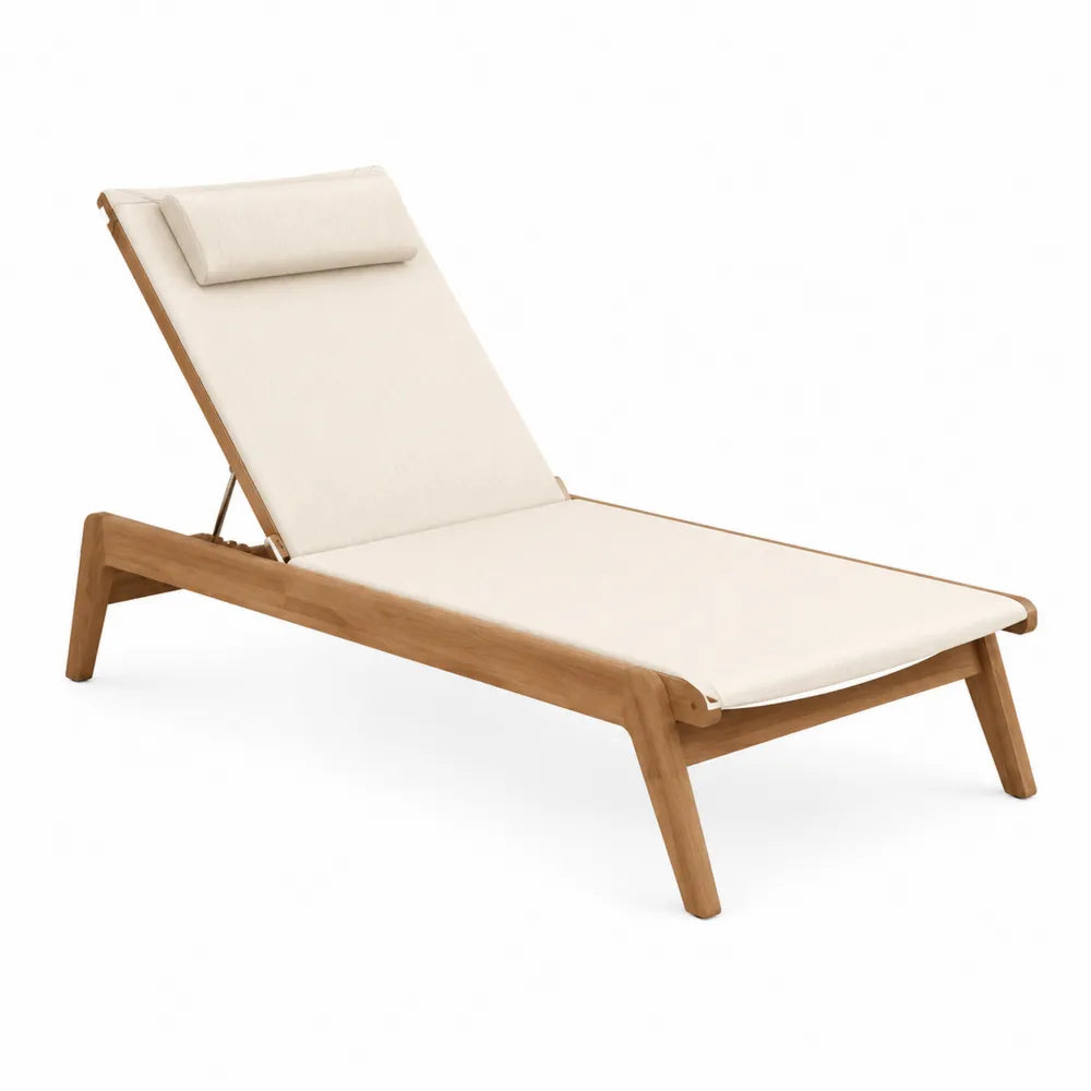 Bain de soleil de jardin rectangulaire en bois d'acacia massif avec coussin écru dossier inclinable 200 x 70 x 85 cm