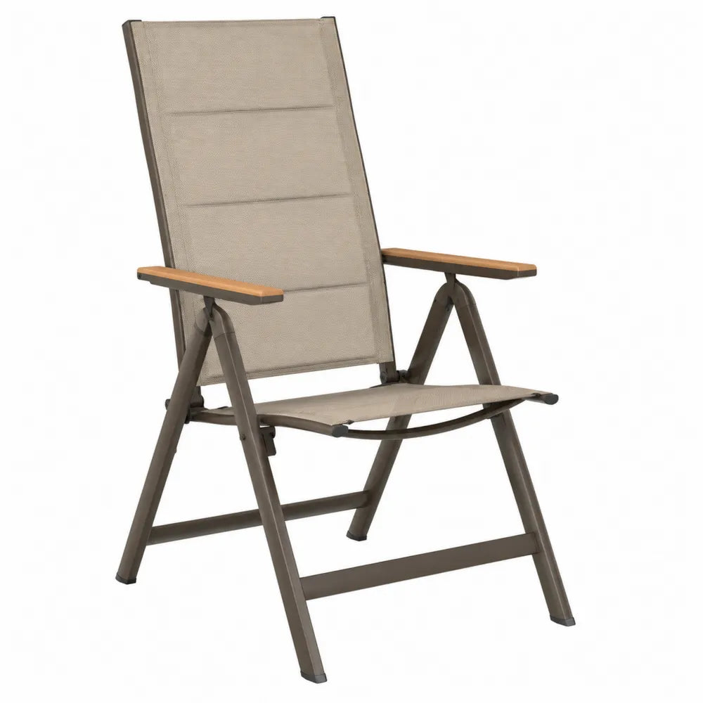 Fauteuil de jardin pliant réglable 62 x 72 x 111 cm en aluminium taupe textilène beige avec accoudoirs en bois