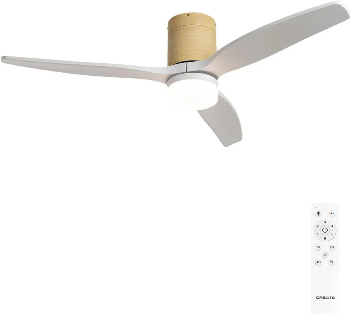 Ventilateur de Plafond en ABS avec Lumière et Télécommande, Effet Bois Clair, Ø132 cm, 40W, 6 Vitesses, 3 Températures de Lumière, Mode Été-Hiver