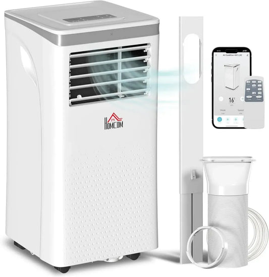 Climatiseur Mobile HOMCOM 10000BTU 2.9kW avec WiFi et Commande Vocale, 4-en-1: Refroidissement, Déshumidification, Ventilation, Mode Nuit, Télécommande et Minuteur 24H, 2 Vitesses, Efficacité Énergétique Classe A, Pour 30m²