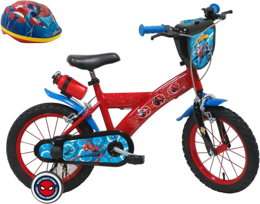 Vélo Enfant 14 Pouces Spiderman Marvel avec Freins, Décor Spiderman et Casque Inclus, Rouge