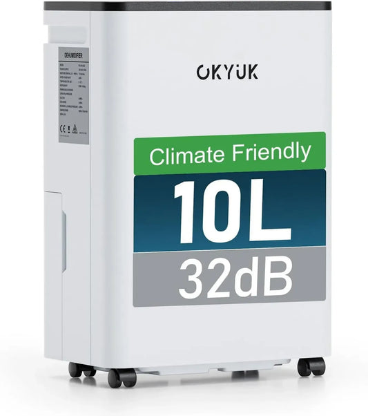 Déshumidificateur Électrique OKYUK 10L, Appareil pour Maison 30m², Arrêt Automatique, Idéal Salles de Bains, Chambres, Sous-sols - Blanc
