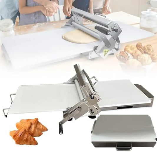 Machine à pâtes en acier inoxydable avec épaisseurs ajustables, idéale pour pizza, croissants et pâtisserie