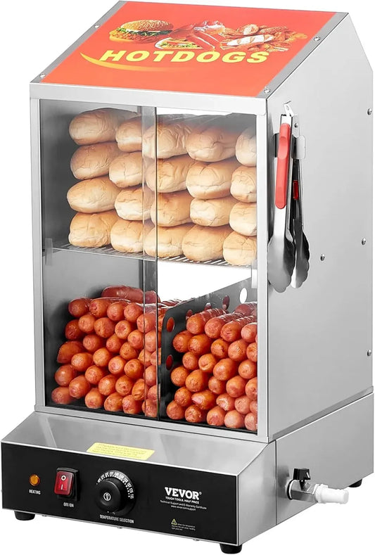 Cuiseur à Hot-Dogs Électrique 37L VEVOR, Double Niveaux, Température Réglable 30-85°C, Porte Coulissante Verre, Chauffe-Petits Pains, Accessoires Inclus