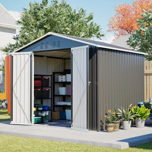 Abri de Jardin Métallique 240x192x191 cm avec Porte Coulissante et Aérations, Verrouillable