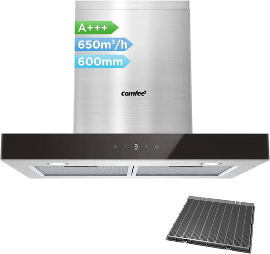 Hotte aspirante 60 cm A+++ COMFEE TSHM77SS-60 en inox, 650 m³/h, LED, recirculation et filtres à charbon
