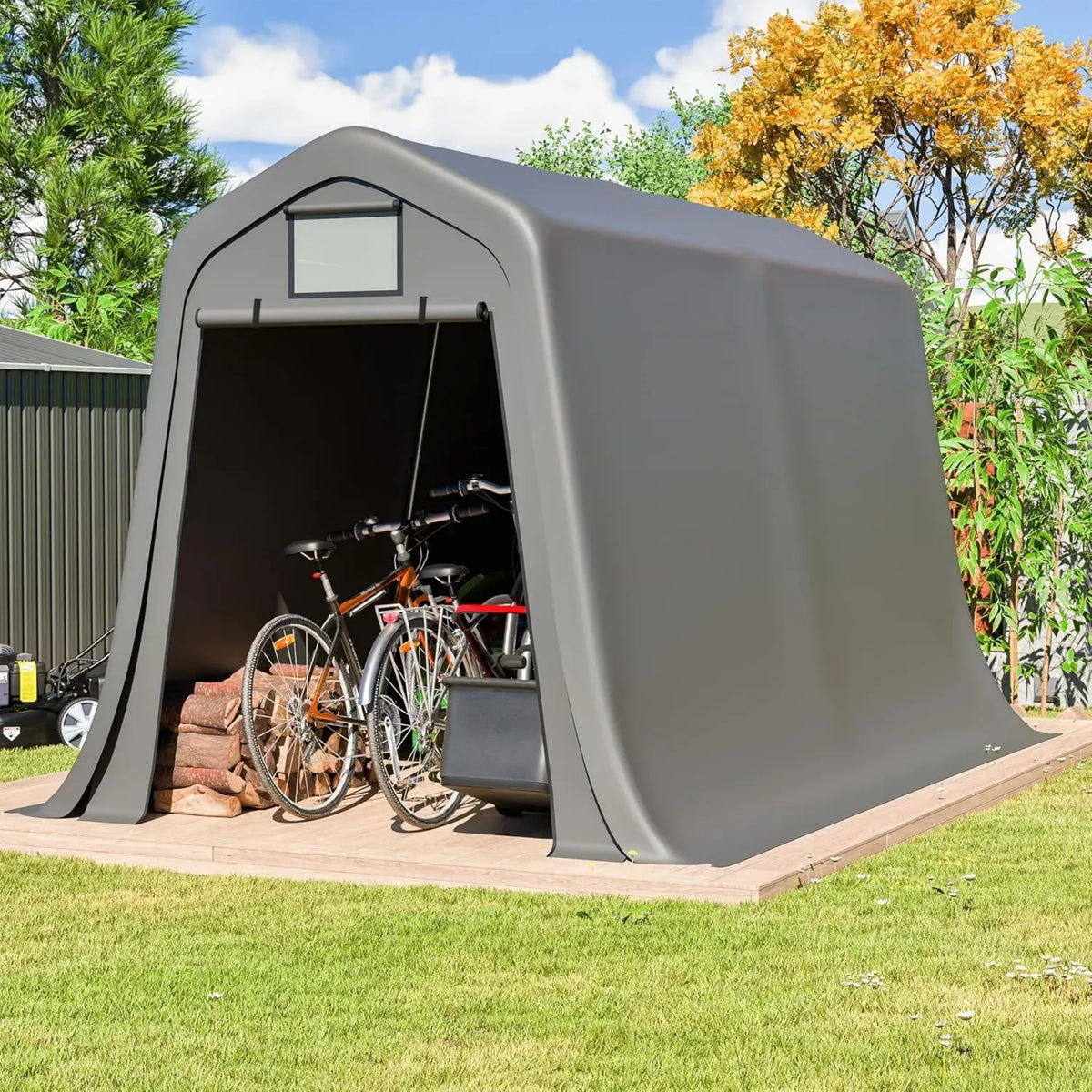 Abri de Jardin en Métal avec Porte Enroulable - 366x213x225 cm, Résistant aux UV, Acier Galvanisé pour Moto et Outils