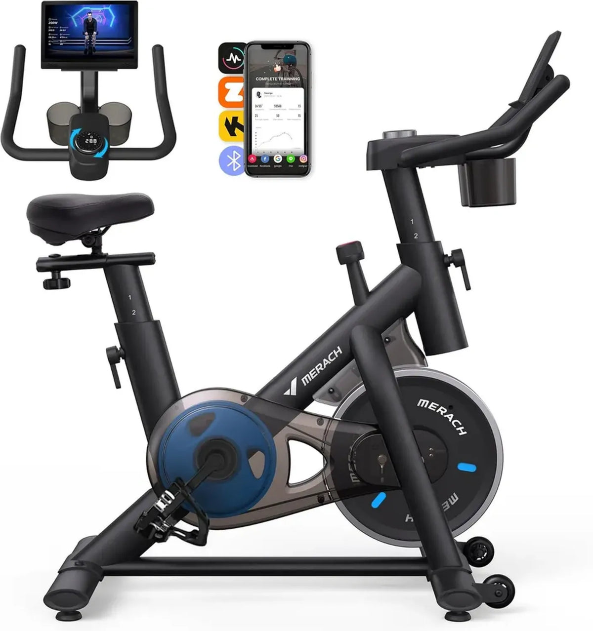 Vélo d'Appartement MERACH Silencieux - Résistance Ajustable, Écran LED, Siège Confort, Entraînement Cardio, App Interactive, Charge Max 136KG
