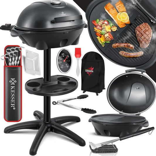Grill Électrique sur Pied 2 en 1 avec Couvercle et Thermomètre, 2400 W, Revêtement Antiadhésif, Plaque XXL, Espaces de Rangement