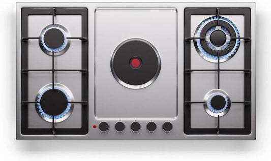 Plaque de Cuisson Combinée Klarstein MultiChef 5 Feux, Gaz et Électrique, 10.1 kW, Inox, Sécurité Enfants