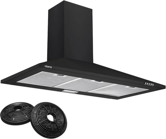 Hotte Murale Pyramidale 90 cm 370 m³/h Noire - Classe A++ - 3 Vitesses - Recyclage et Évacuation - Filtres Charbon Inclus