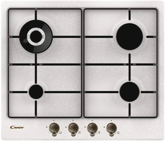 Table de cuisson à gaz 4 brûleurs en acier inoxydable avec double couronne et grilles émaillées, 59,5 x 51 x 3,8 cm, coloris avoine