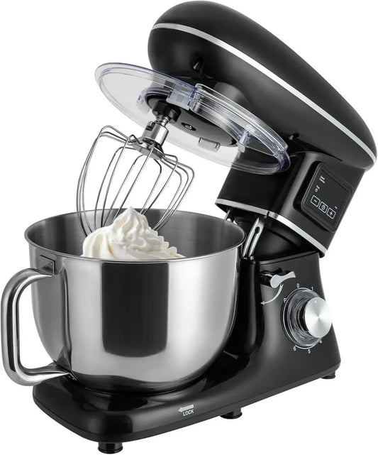 Robot pâtissier multifonction 1500W, bol inox 6,15L, minuterie LCD, antidérapant, compact, noir