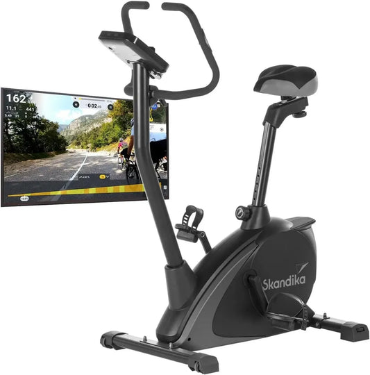 Vélo d'appartement Skandika Vinneren, 16 niveaux de résistance, 12 programmes, écran LCD, Bluetooth, Kinomap, frein magnétique, support tablette, capacité 130 kg