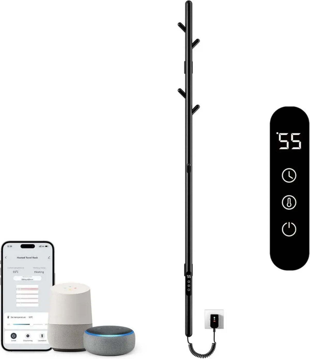 Radiateur Sèche-Serviettes WiFi Intelligent Compatible Alexa et Google Home, Thermostat Intégré, 1500x32mm, Chauffe-Serviettes Électrique pour Salle de Bain, Noir