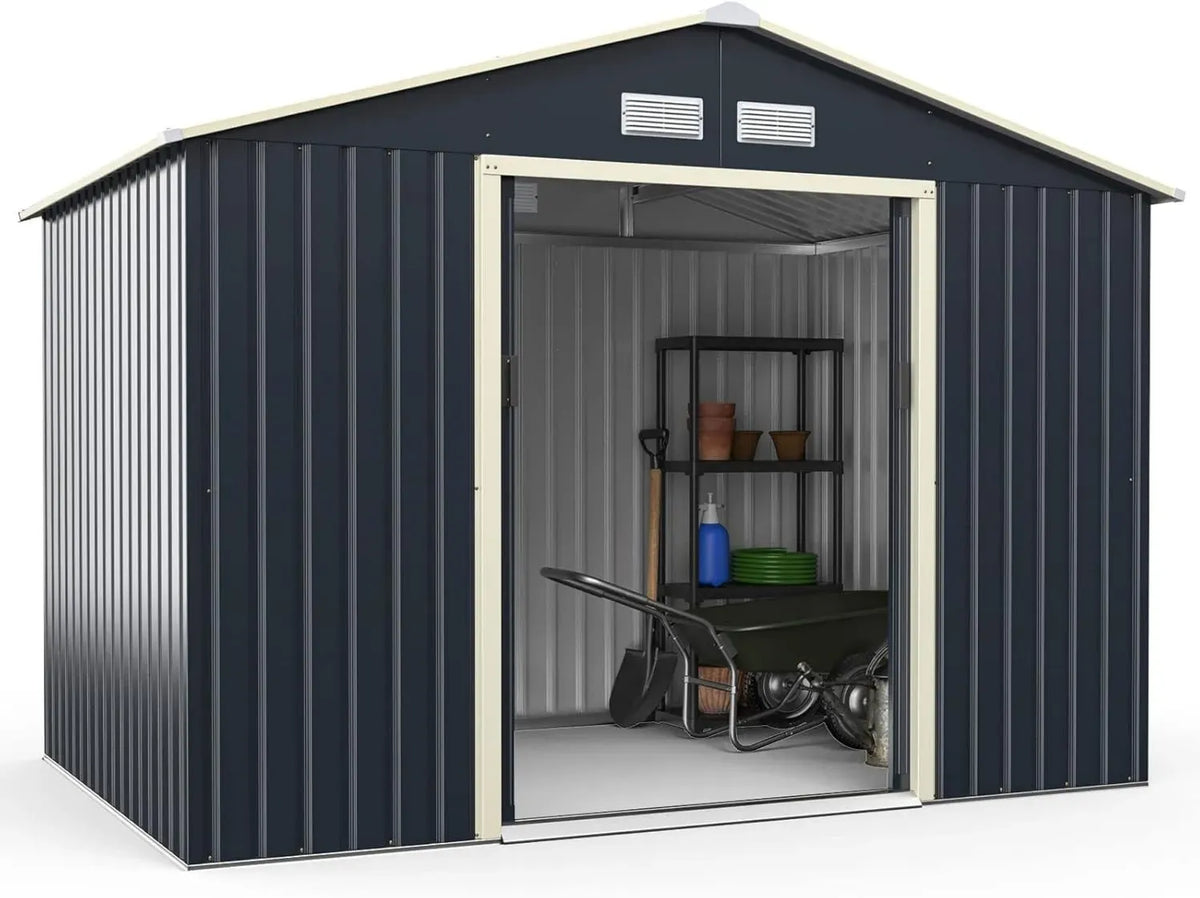 Hangar de Jardin Métallique COSTWAY 5,2㎡ avec Portes Coulissantes Sécurisées, Abri avec Ventilation et Toit Incliné, Gris, pour Vélo et Déchets (277,5 x 191 x 202,5 cm)