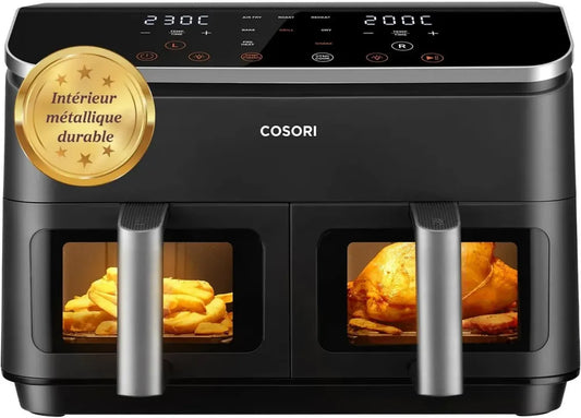Friteuse à Air COSORI 8.5L, Double Compartiment, 8 Fonctions, Économie d'Énergie 71%, Cuisson Rapide, Lavable au Lave-vaisselle, Noir