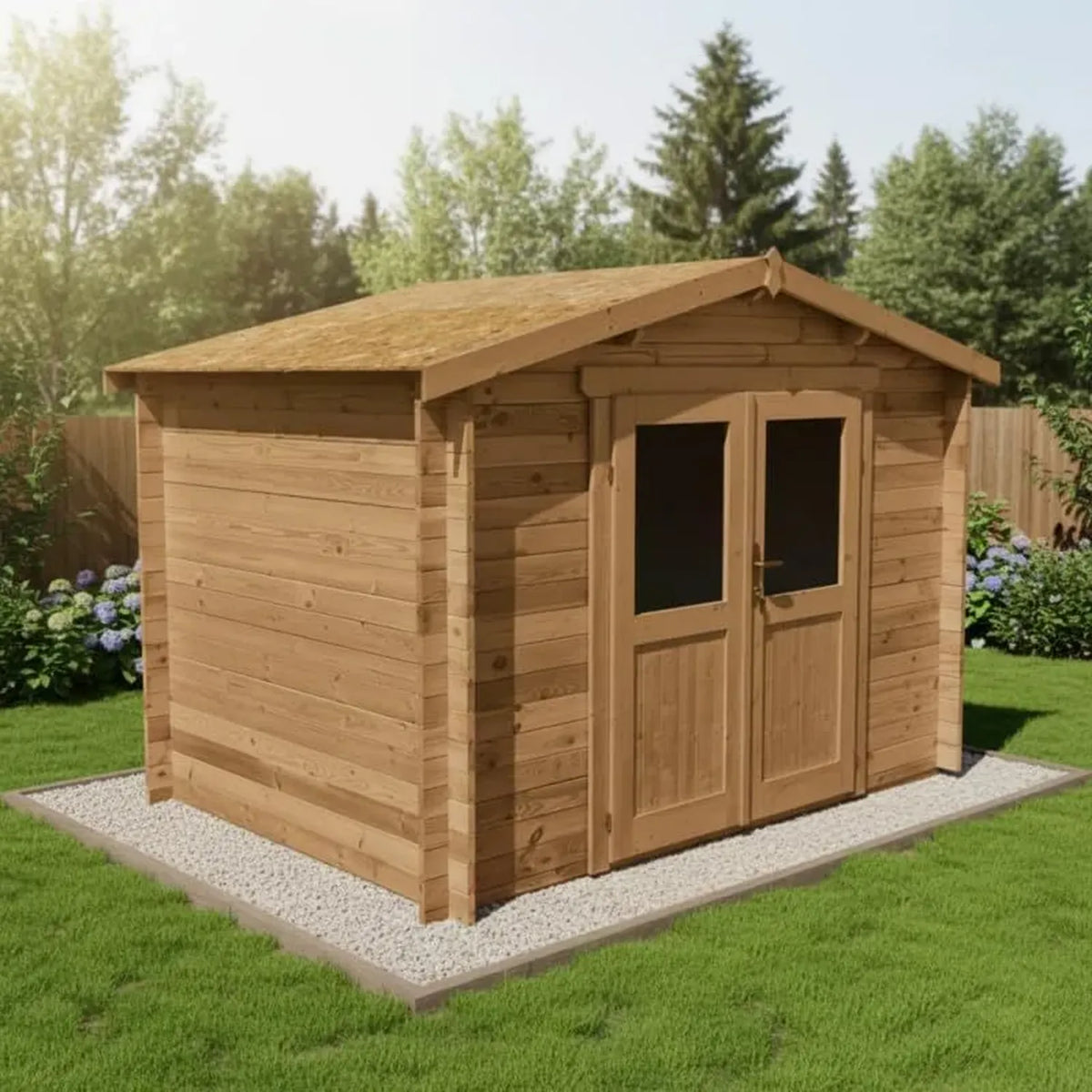 Abri de Jardin en Bois Massif 6m² avec Traitement Anti-Insectes et Champignons, Double Porte Semi-Vitrée, Toit OSB 3, 298x198cm, Marron