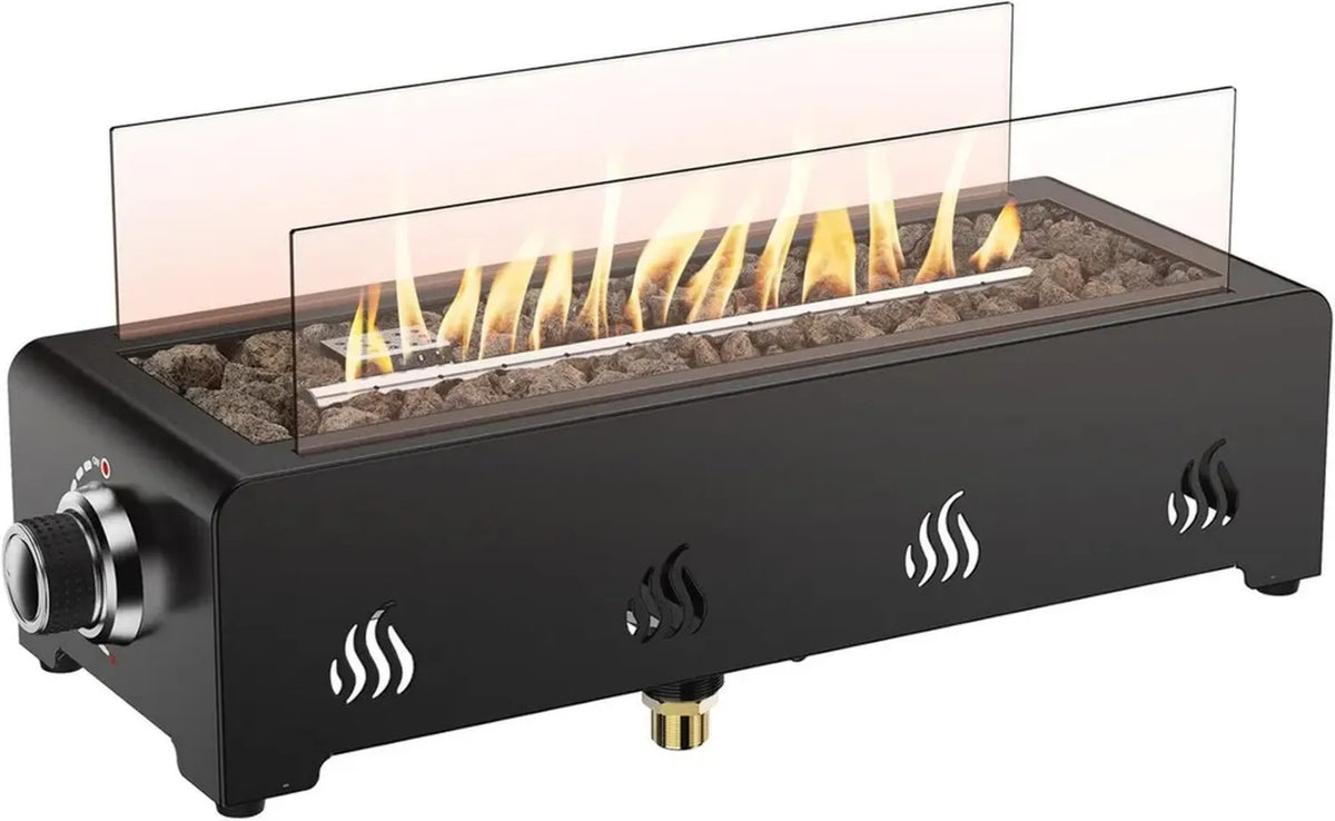 Brasero à gaz rectangulaire Onlyfire 46 cm avec pierres de lave et pare-vent en verre, 3,2 kW, pour jardin