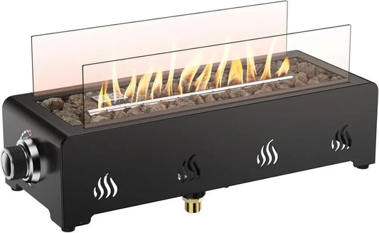 Brasero à gaz rectangulaire Onlyfire 46 cm avec pierres de lave et pare-vent en verre, 3,2 kW, pour jardin