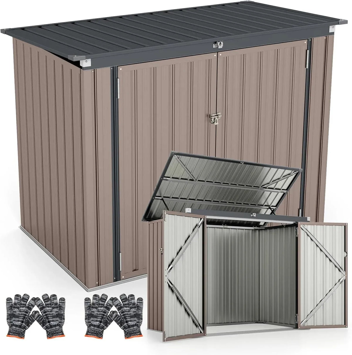 Abri de Jardin Métallique avec Portes Double et Toit Relevable, Remise Extérieure en Acier Galvanisé pour Outils et Vélos, 172x100x129 cm, Marron