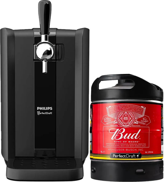 PerfectDraft Noir – Kit Tireuse à Bière avec Fût Bud 6L – Pompe à Bière Domestique – Refroidissement 3°C – Fraîcheur Garantie 30 Jours – Écran LED Température, Volume – Cadeau Idéal pour Amateurs de Bière