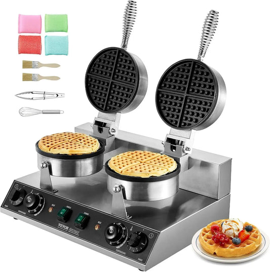 Gaufrier Professionnel VEVOR 2460 W, Double Plaque Antiadhésive en Inox, Contrôle Température et Temps, Idéal pour Restaurants et Boulangeries