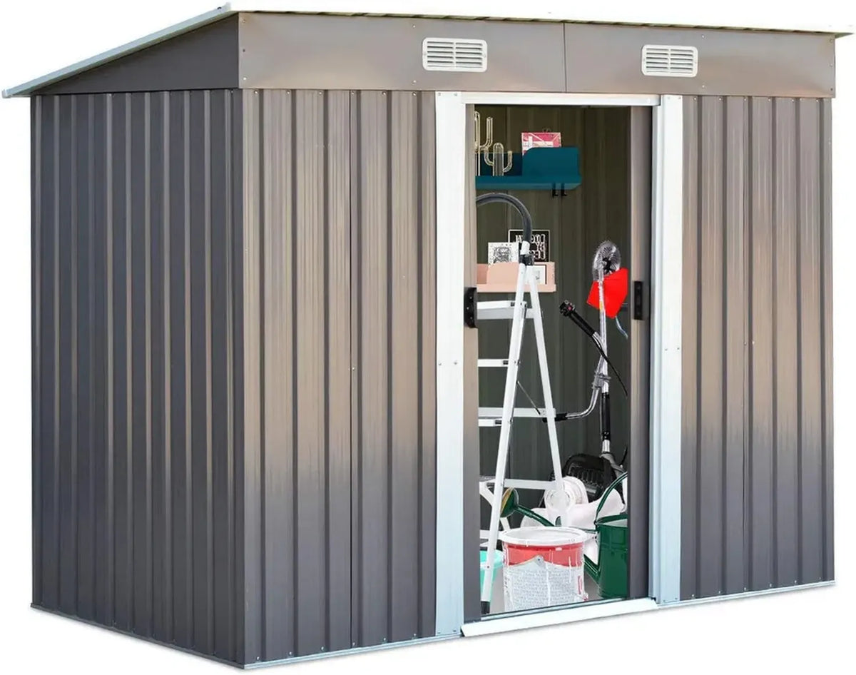 Abri de Jardin Métallique 3,1㎡ avec Portes Coulissantes, Cabane de Rangement pour Outils, 238 x 131 x 181 cm, Gris