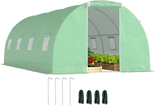 Serre Tunnel de Jardin Outsunny 18 m² avec Fenêtres et Porte Enroulable - Structure en Acier Galvanisé et Bâche PE Verte