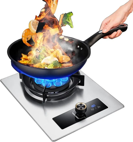 Réchaud à Gaz Portable 32 cm, Flamme Haute avec Minuterie, Support en Fonte et Verre Trempé Argenté, Idéal pour Camping en Extérieur