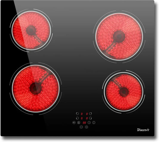 Table de Cuisson Vitrocéramique 4 Zones 6000W, Encastrable 60CM, Commande Tactile, Minuterie Intégrée, Fonction Pause, 9 Niveaux, 220V