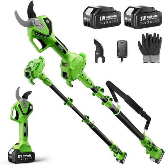 Sécateur Électrique Télescopique 2-en-1 avec Perche - Moteur Sans Balais, 2 Batteries 4,0Ah, Lame SK5, Modes Multiples pour Arbres et Fleurs