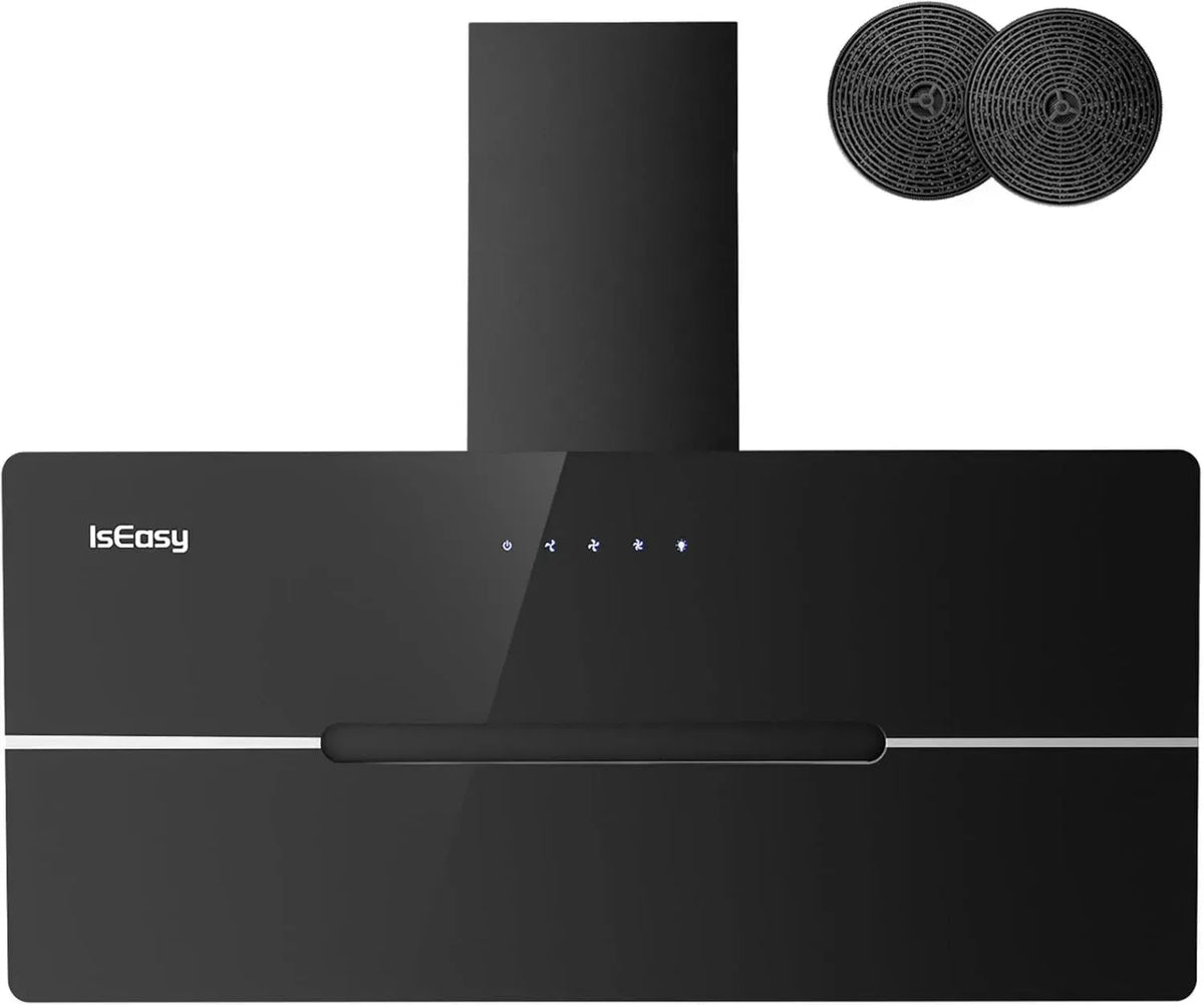 Hotte Aspirante Incliné 90cm Noir, Classe Énergétique A++, Débit 524 m³/h, Options d'Évacuation et Recyclage, 3 Vitesses, Éclairage LED, Filtres à Charbon Inclus