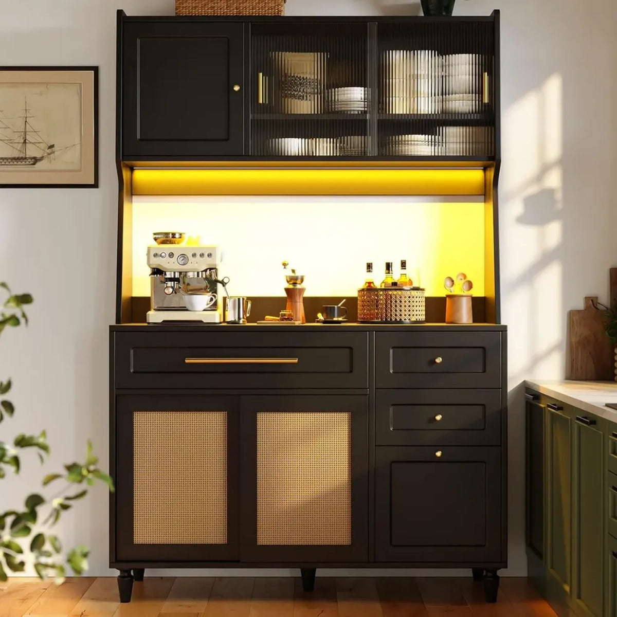 Buffet Haut avec LED, Rangement avec Étagères Ajustables et Portes Coulissantes pour Cuisine et Salon, 120x45x195.5cm (Noir)