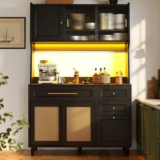 Buffet Haut avec LED, Rangement avec Étagères Ajustables et Portes Coulissantes pour Cuisine et Salon, 120x45x195.5cm (Noir)