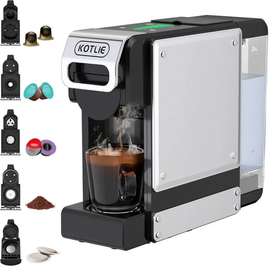 Cafetière 5 en 1 Compatibilité Nespresso, Dolce Gusto, A Modo Mio, ESE et Pré-moulu